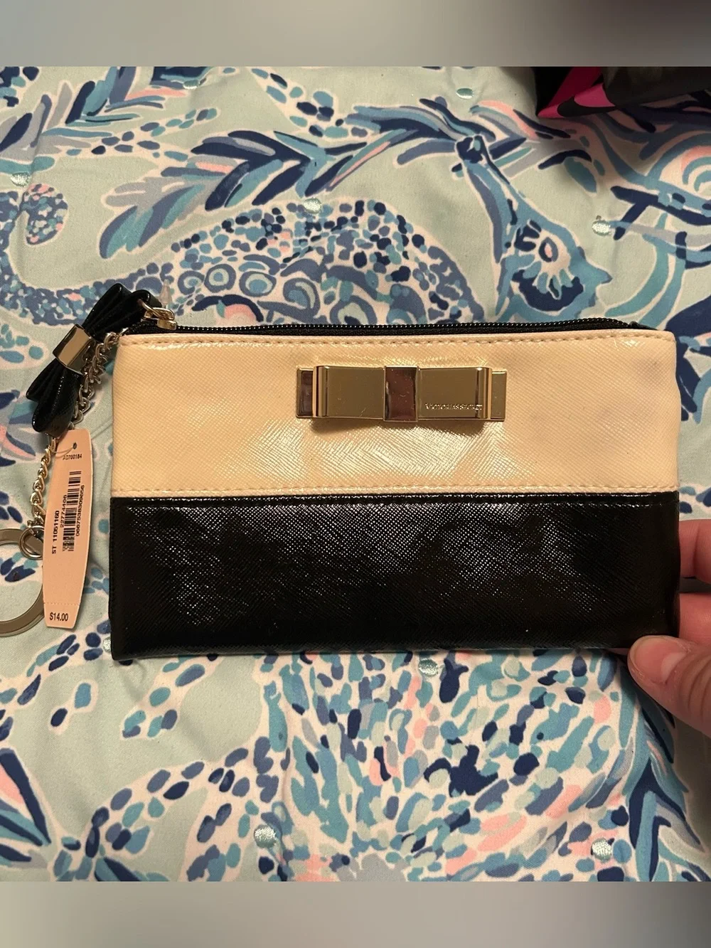 Victoria's Secret Black/Beige Colorblock Zip-Around Wallet Bow Keychain Card
